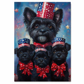 Black Affenpinscher Mother and Puppies in Patriotic Outfits with Starry Night Background and Red White and Blue Top Hats on Ready to Hang 1.5" Thick Canvas Wrap, Floating Framed Canvas, Flat Rolled Canvas
